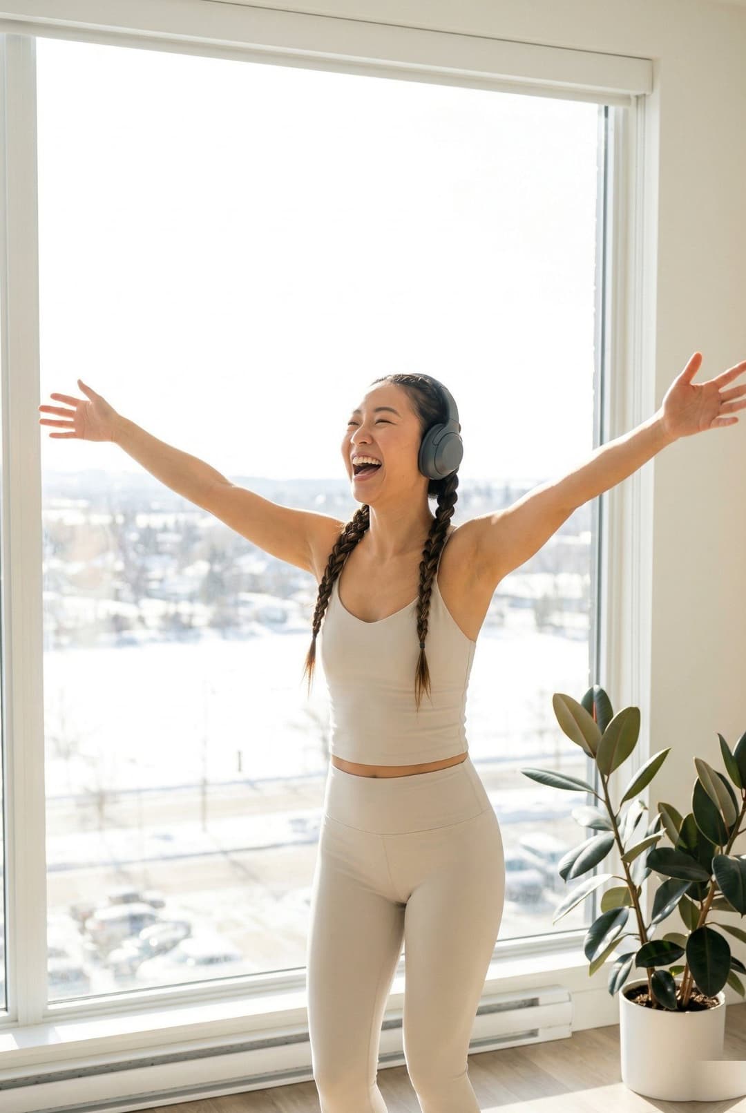 Woman moving joyfully with headphones, snowy day visible through windows