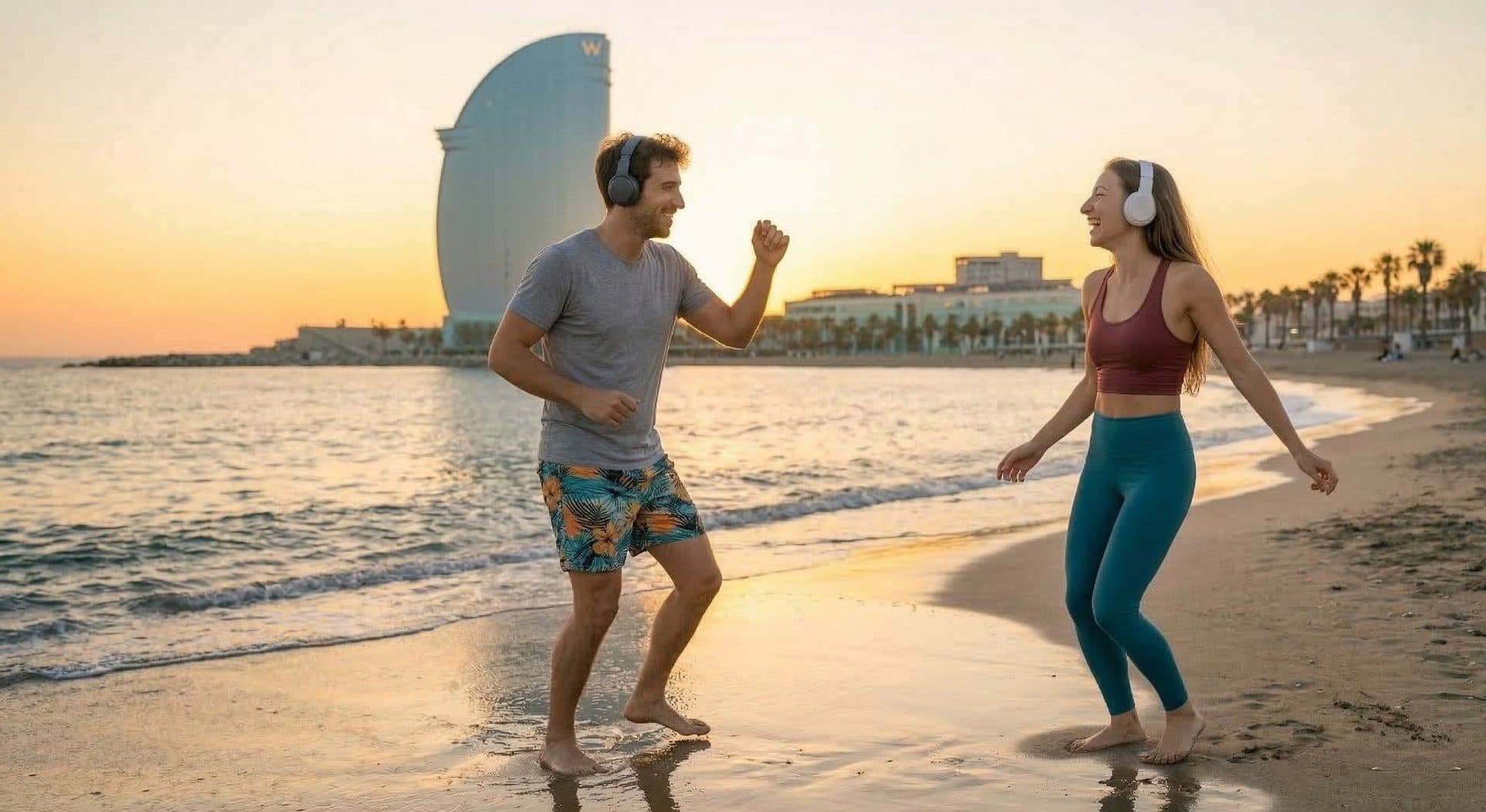 Two people moving on Barcelona beach at sunset