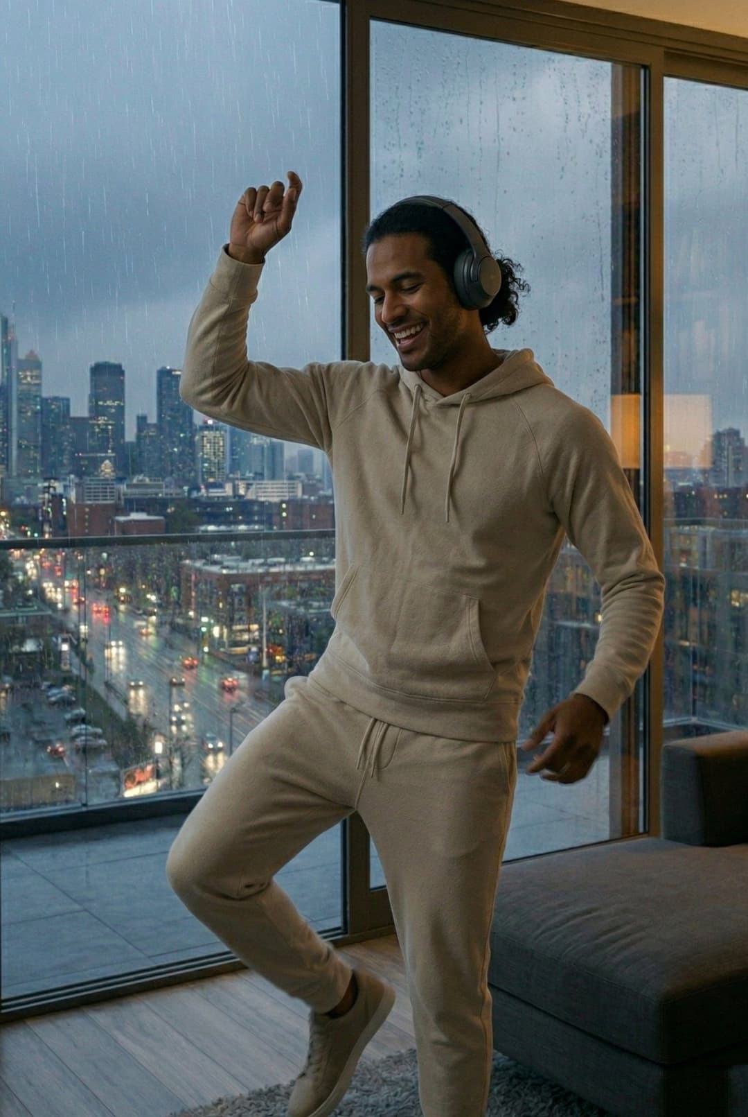 Man dancing with headphones, rainy city evening through floor-to-ceiling windows