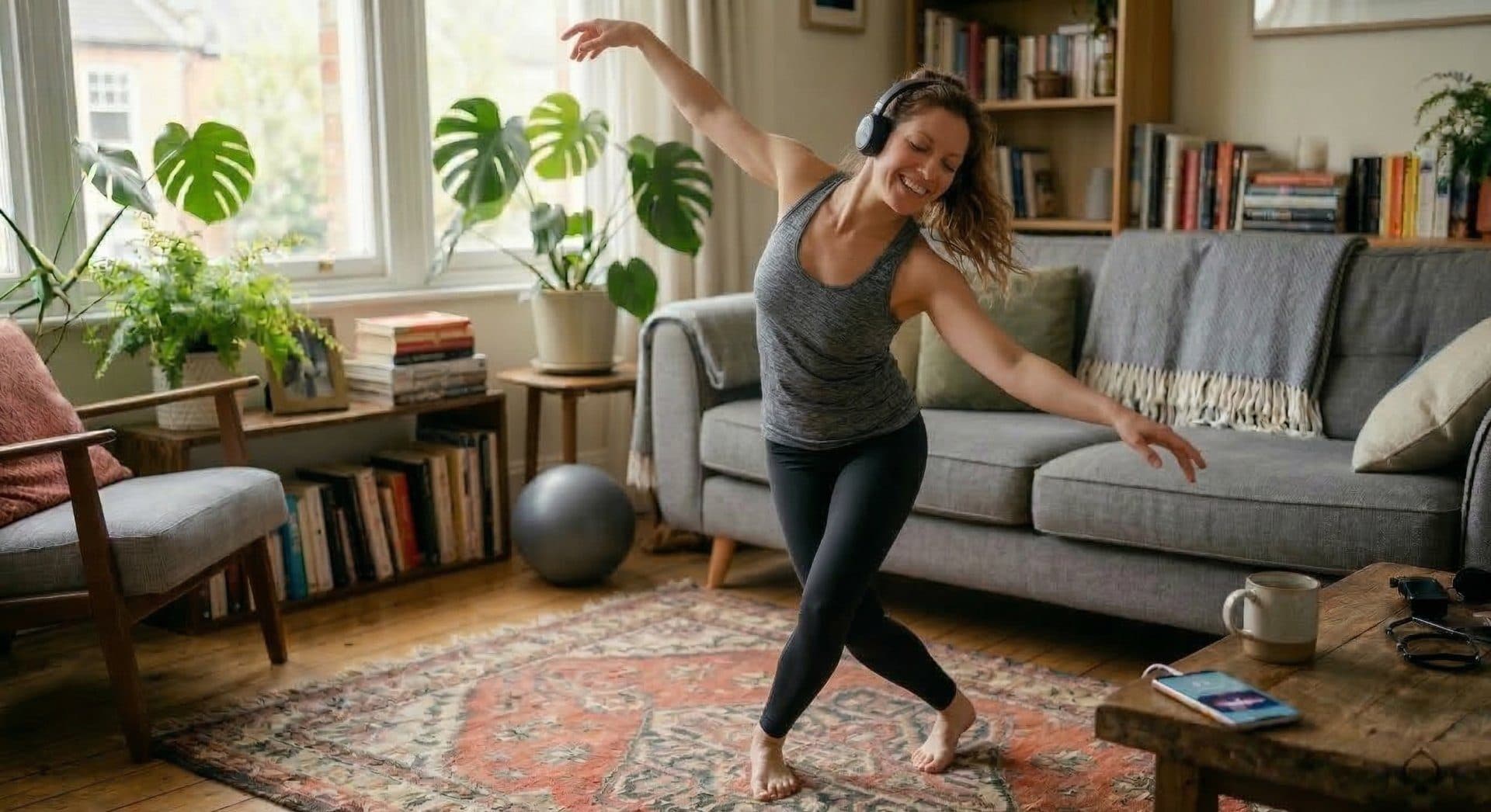 Woman dancing freely at home with headphones