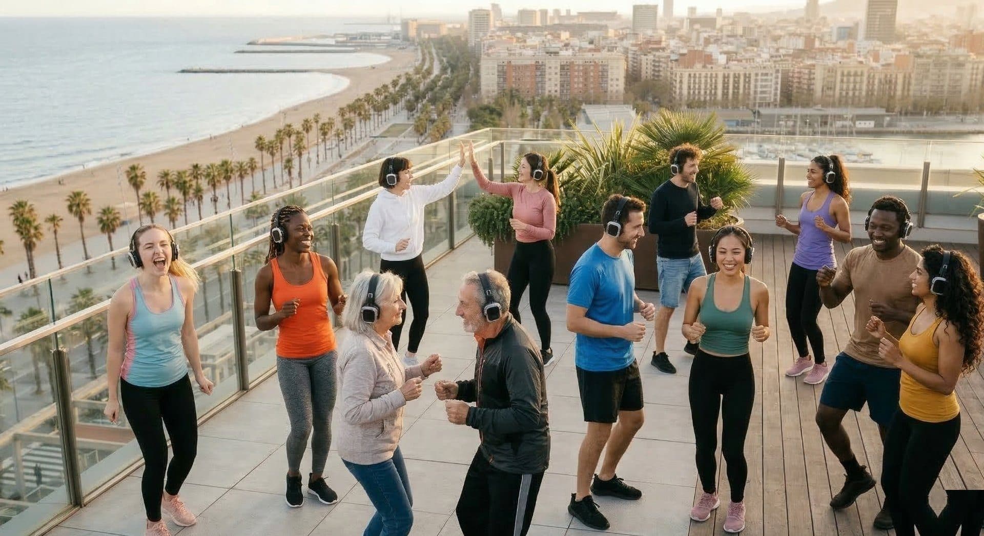 Group movement session on Barcelona rooftop at sunset