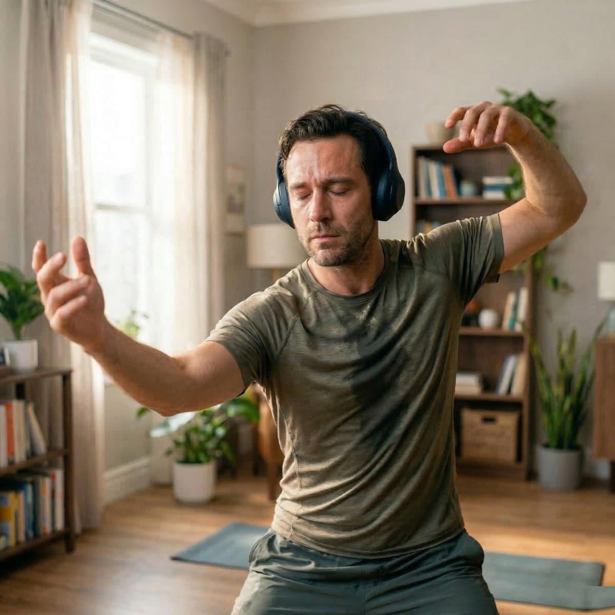 Man in deep movement practice at home