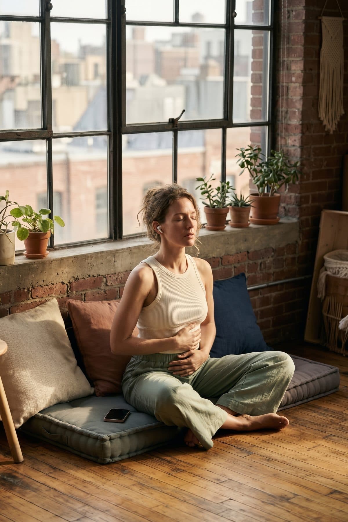 Woman sitting on floor cushions by a loft window, eyes closed, hands on her belly, earbuds in