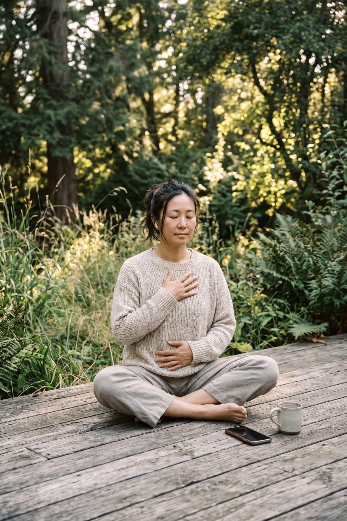 Woman sitting cross-legged on a wooden deck in a garden, eyes closed, one hand on her chest, following a session on earbuds