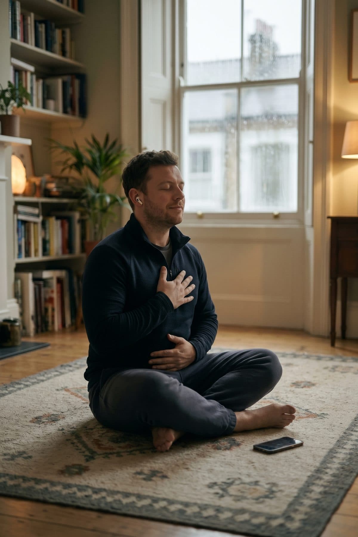 Man sitting on a rug in a London flat by a rainy sash window, eyes closed, hands on chest and belly, earbuds in
